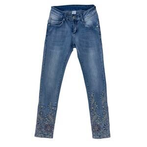 Y2K Jeans Embroidered Floral Cut Out Mid-Rise Denim Pants Stretch 26'' Waist